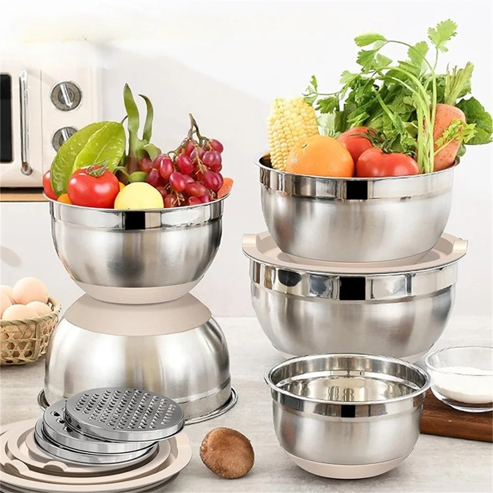 6 Buah Mangkuk Salad Baja Tahan Karat Dasar Silikon Tebal Alat Memanggang Mangkuk Pengocok Telur Rumah Set Mangkuk Salad Mangkuk Masak dengan Li