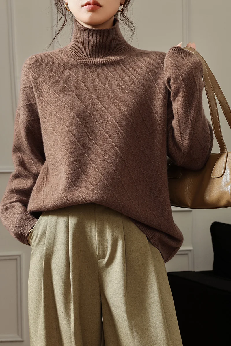 

Women 100% Merino Wool Pullover High Neck Sweater Autumn Winter Cashmere Top Solid Color Stripes Thick Knit Casual Clothing Soft