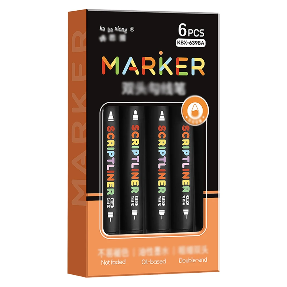 6 قطع من قلم تدوين الخطاف ذو الرأس المزدوج باللون الأسود/اللون للفن، فرشاة رسم سريعة الجفاف تعتمد على الماء