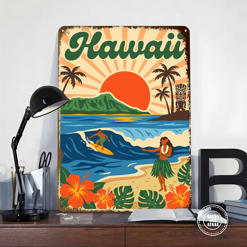 Hawaii Retro Travel Tinplate Poster Custom Wall Art Vintage Metal Signs Retro Tin Plaque for Apartment Decoration Room Man Cave