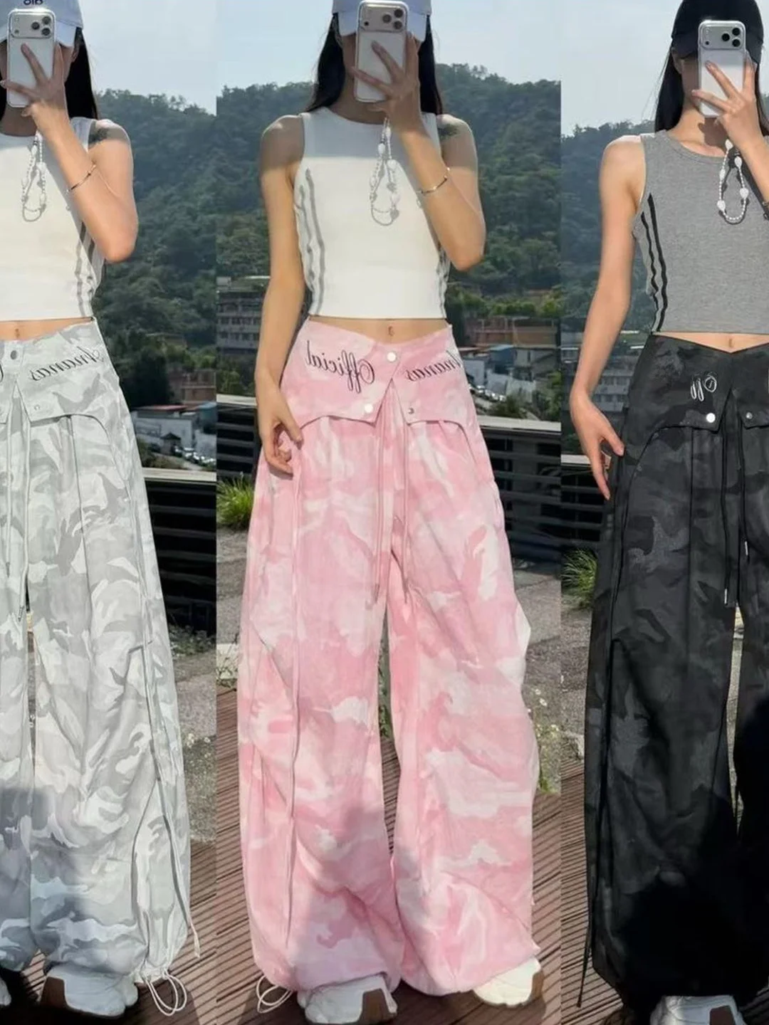 High Waist Cargo Pants Women's Quick Dry Wide Leg Casual Trousers American Style Camouflage Workwear Comfortable All Match
