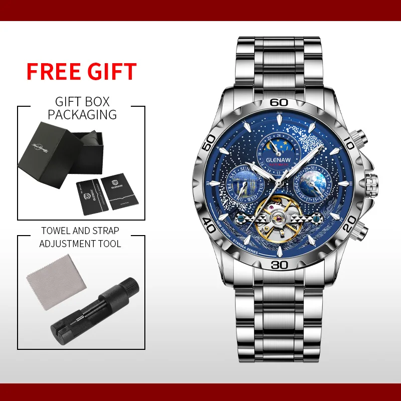 ساعة يد ميكانيكية ترفيهية للرجال من GLENAW لعام 2023 ساعة بتقويم لمرحلة القمر والأسبوع مقاومة للمياه وتوهج من الفولاذ المقاوم للصدأ