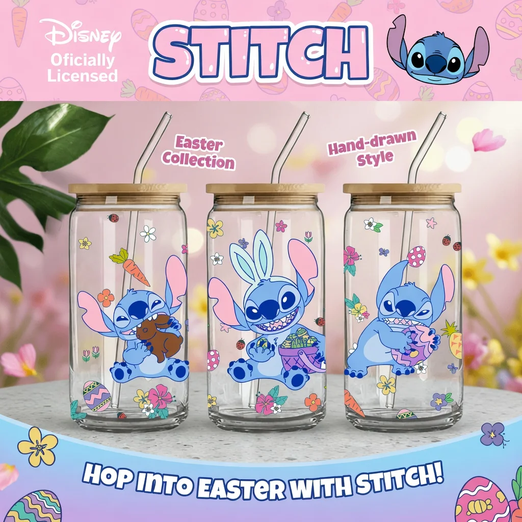1pc 16oz Disney Stitch Easter Borosilicate Glass Tumbler with Lid & Straw Cute Summer Cup for Iced Coffee Juice Perfect Gift