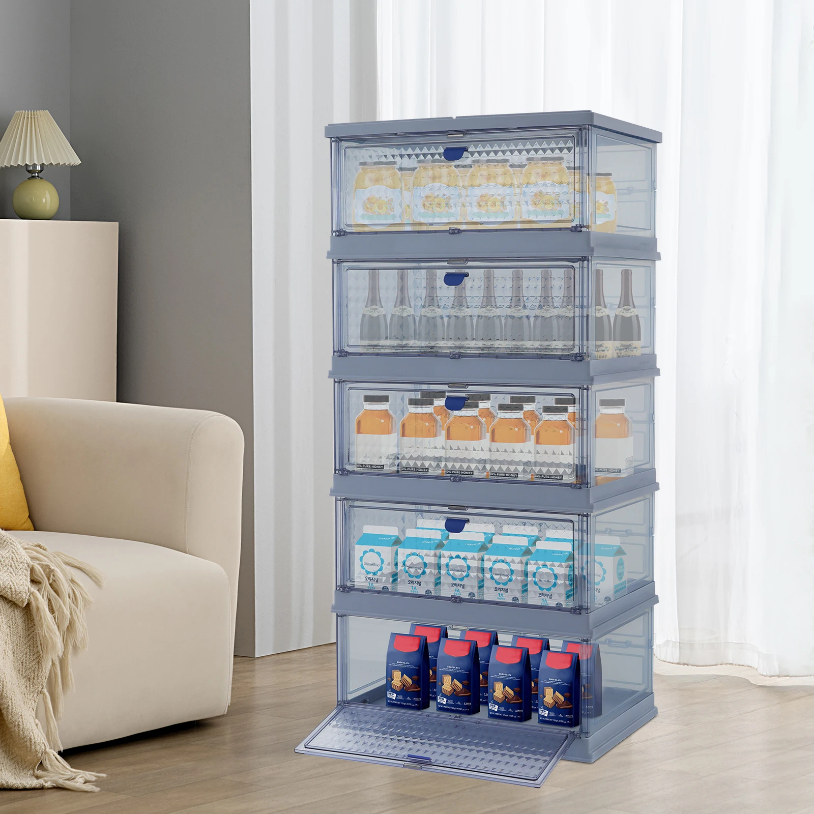 

Складной шкаф для хранения с 5 ярусами, синий, 20.75*13.7*43.7 дюймов, с магнитной дверцей и контейнерами для хранения, для обуви, косметики, книг