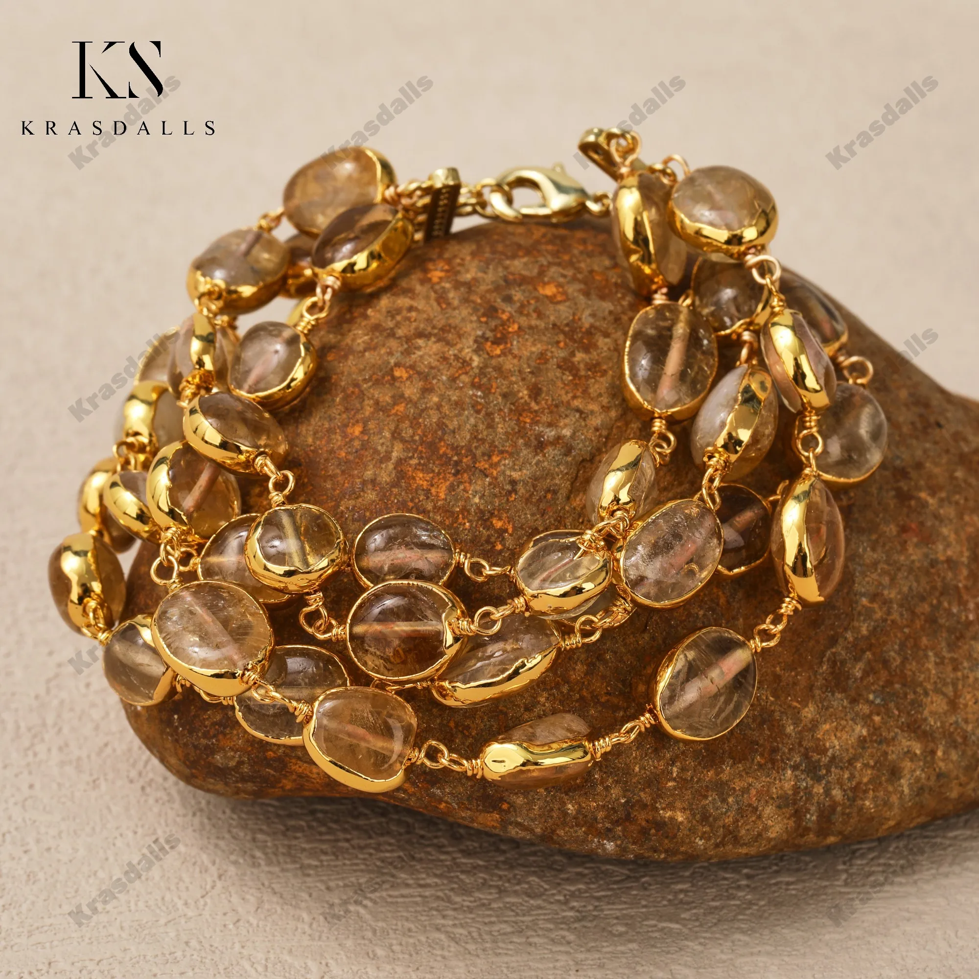 

Luxury Natural Crystal Quartz Citrine Multi-Layer Bracelet Vintage Style Brass Strand Bangle for Parties