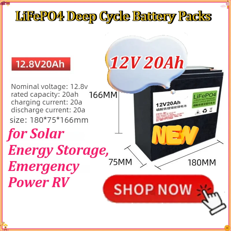 

New 12V 20Ah LiFePO4 Deep Cycle Rechargeable Lithium Iron Phosphate Battery Packs for Solar Energy Storage, Emergency Power RV