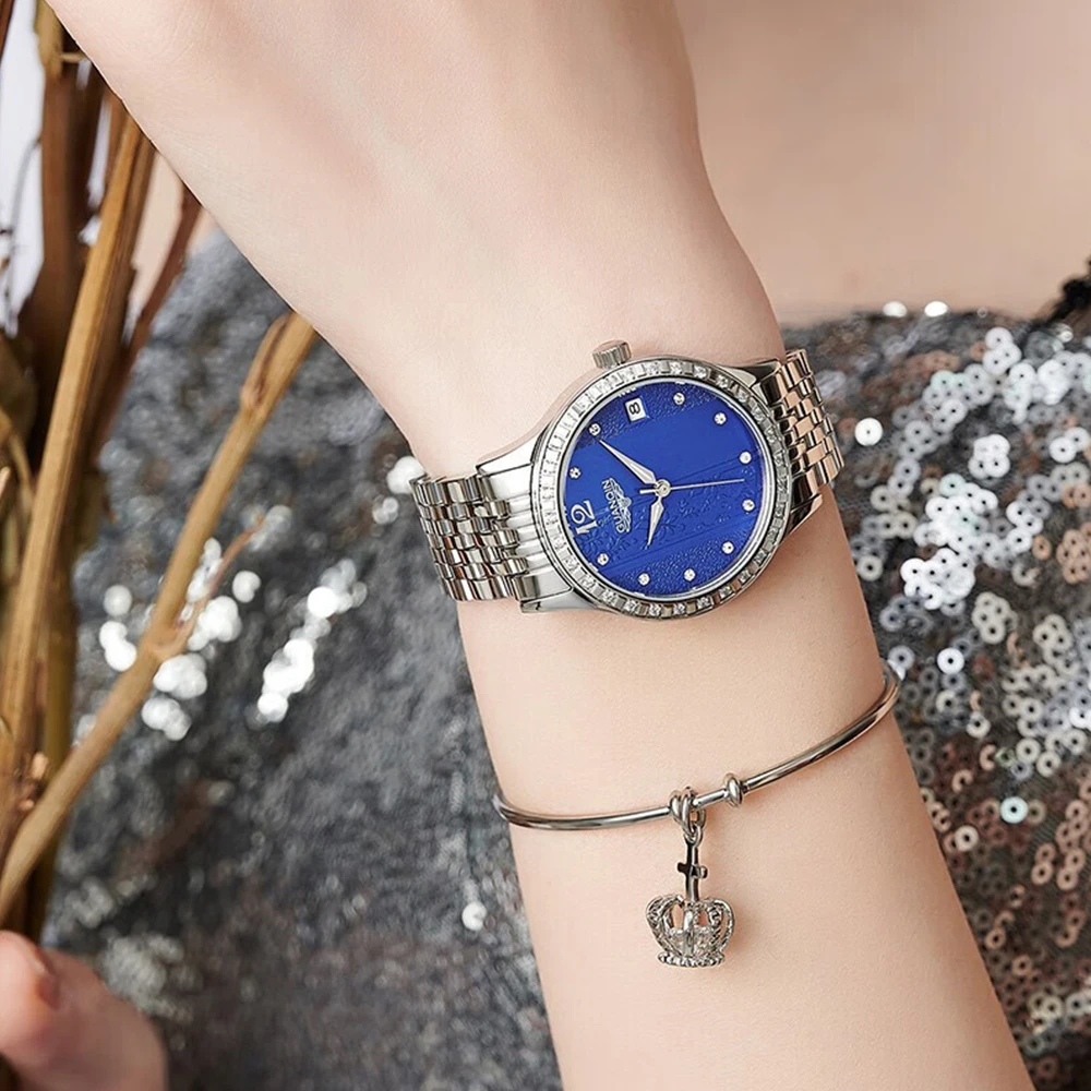 GUANQIN Waterproof Watch With Rhinestones Calendar Dial Stainless Steel Strap Fashion Simple Women Automatic Mechanical Watches