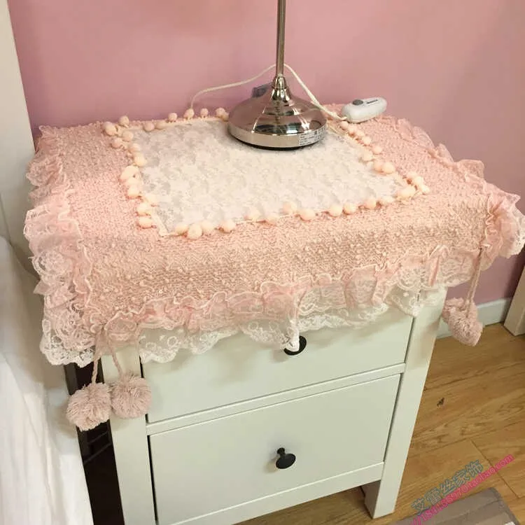 Korean Lace Bedside Table Cover Dining Table Mat Fabric Round Tablecloth Refrigerator Cover Cloth Coffee Pink Fluffy Ball