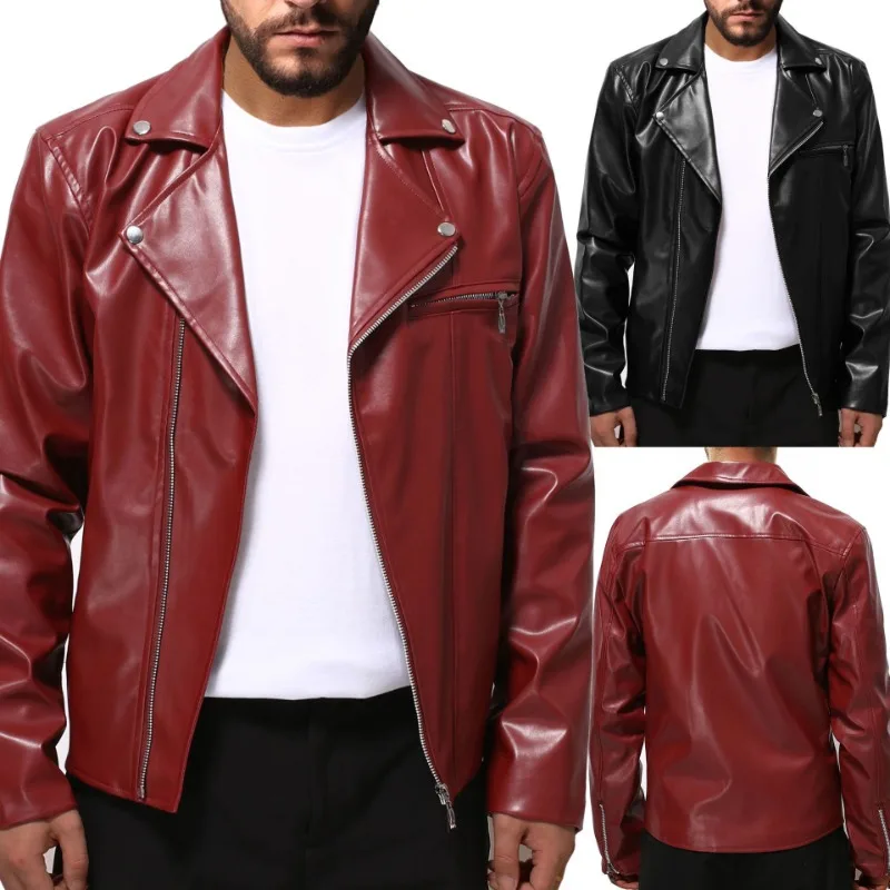 Men's Leather Clothing Trend, Spring and Autumn Cool Leather Jacket, Handsome Horizontal Zipper Motorcycle Clothing, Youth