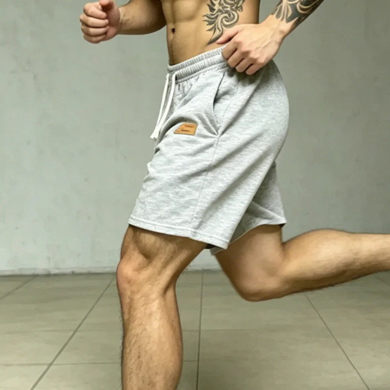Men Lightweight Athletic Jogger Shorts Adjustable Drawstring Elastic Waist Casual Shorts With Leather Patch Side Pockets