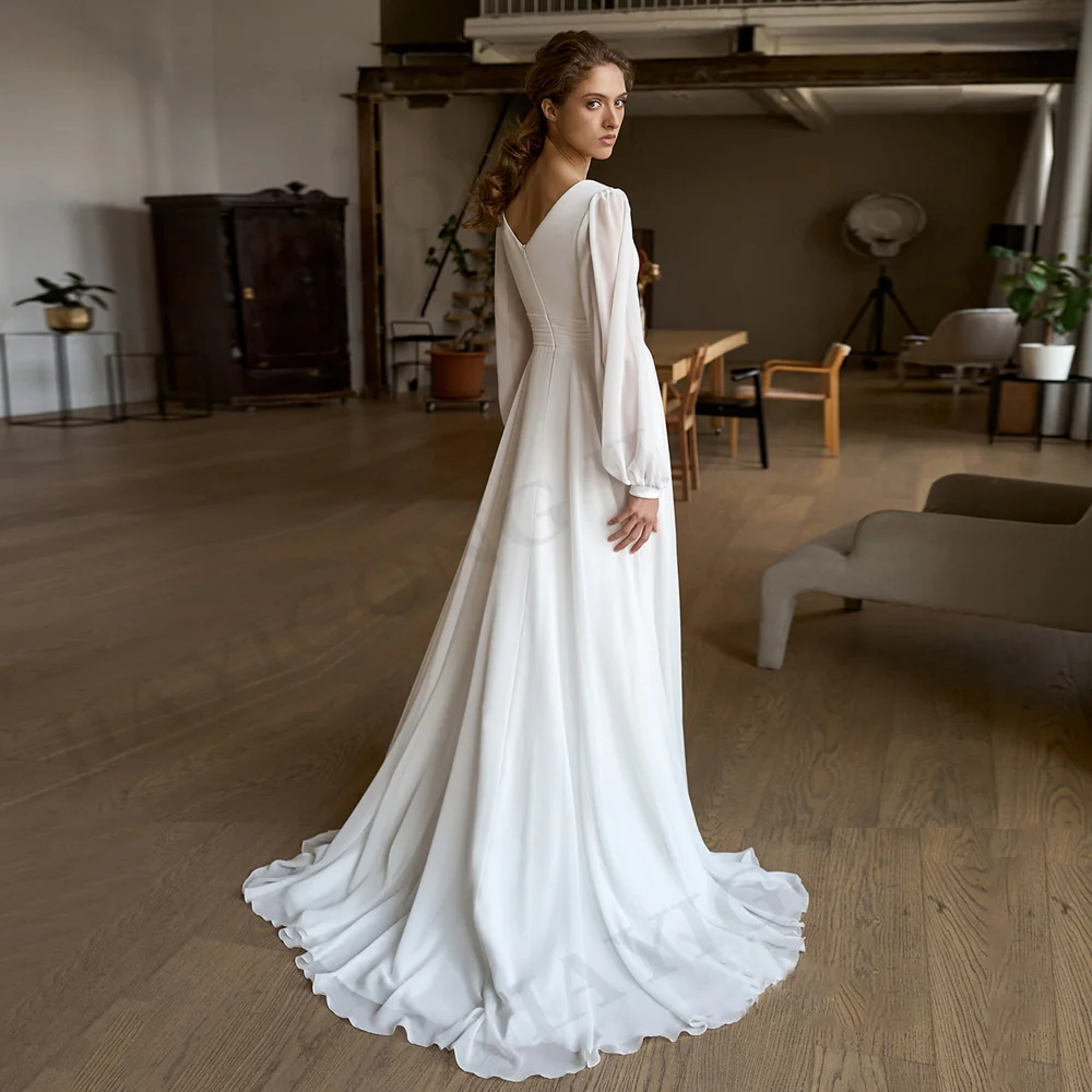 Summer Beach Wedding Dress for Women Simple Puff Sleeves V Neck Pearls Ruched Pleat Chiffon Boho Bridal Gown Vestido Noiva