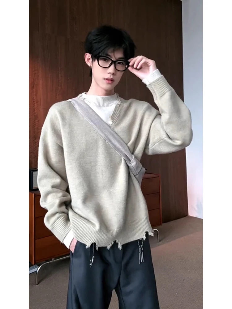 

American Sle Men's V-Ne Distred Sweater Casual Wear Winter Outerwear Knitted Fake Two-Piece Design CleanFit