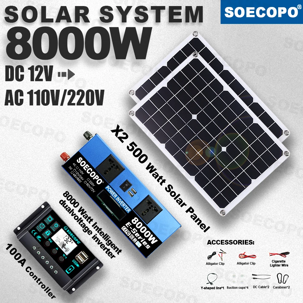 Easy Install Intelligent 8000W Peak Full Solar System Kit 2x500W Panel 100A Controller Inverter Generator for Home Travel Party