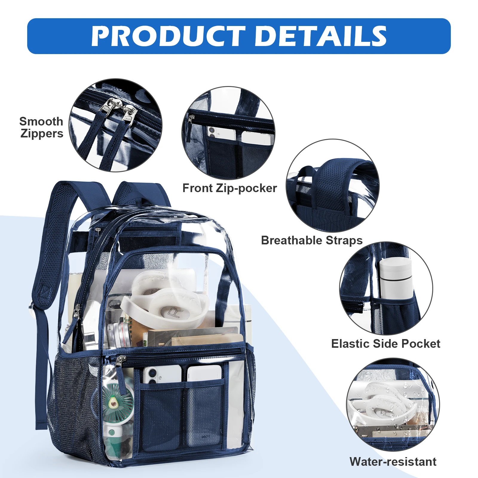 حقيبة ظهر شفافة من البوليستر - حقيبة نهارية شفافة أنيقة للمدرسة متعددة الجيوب حقيبة ظهر شفافة كاجوال حقيبة جمالية حديثة #2