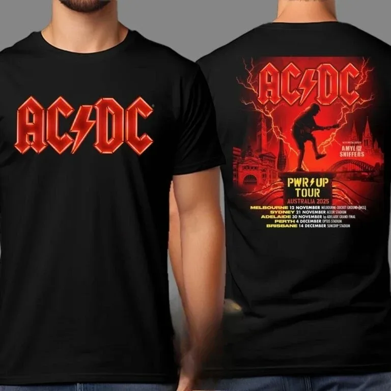 التيار المتناوب تيار مستمر PWR UP أستراليا جولة 2025 البضائع الجرافيك طباعة المحملة عادية القطن مع قائمة التواريخ للطباعة للجنسين المتضخم تي شيرت