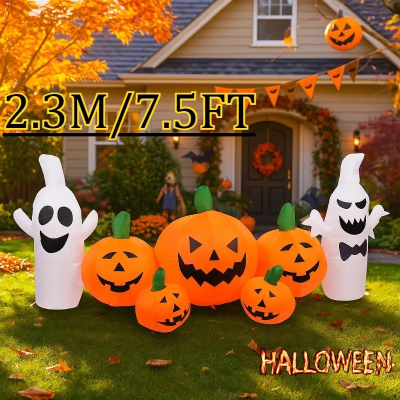 7.5FT Outdoor Holiday Decorations Inflatable Model White Ghost Pumpkin Drink Pop Blow Up Halloween Horror Party Decor Indoor