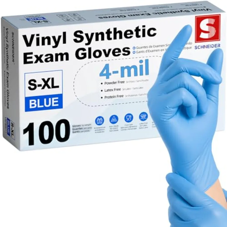 

Schneider Vinyl Synthetic Exam Gloves, 4 Mil, Latex Free Disposable Gloves for Medical, Cooking, Cleaning, and Food Prep