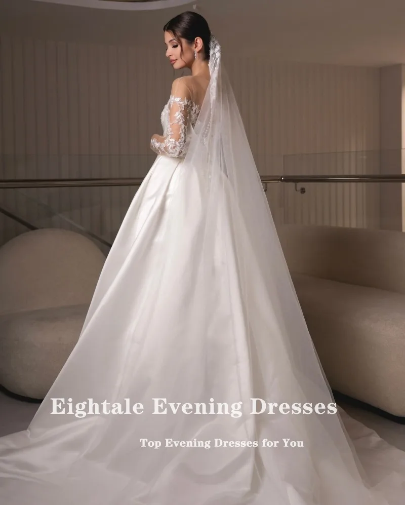 Eightale Nuovo Abito da Sposa O-Collo Personalizzato Bianco Avorio A-Line Appliques Pizzo Manica Lunga Abito da Sposa in Raso Robe De Mariée