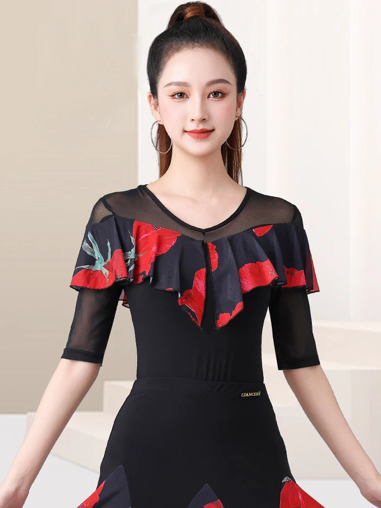 Nova meia manga malha impressão topo de dança de salão roupas femininas padrão nacional chacha rumba trajes de dança moderna dql11736