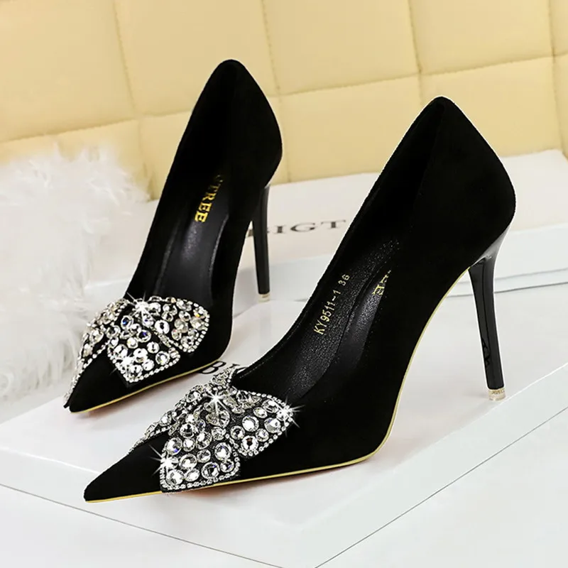 

Korean fashion women's shoes wedding rhinestone bow high heels stiletto heels light pointed shoes