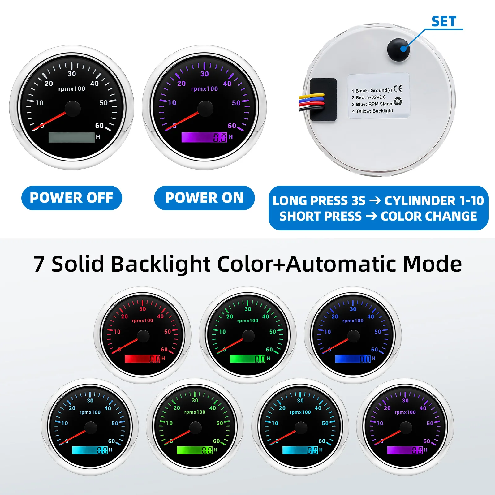 85MM Tachometer with LCD Hour Meter For Marine Boat Car RPM Gauge 8000rpm 6000rpm RPM Meter Tach Gauge 7 Colors LED Backlight