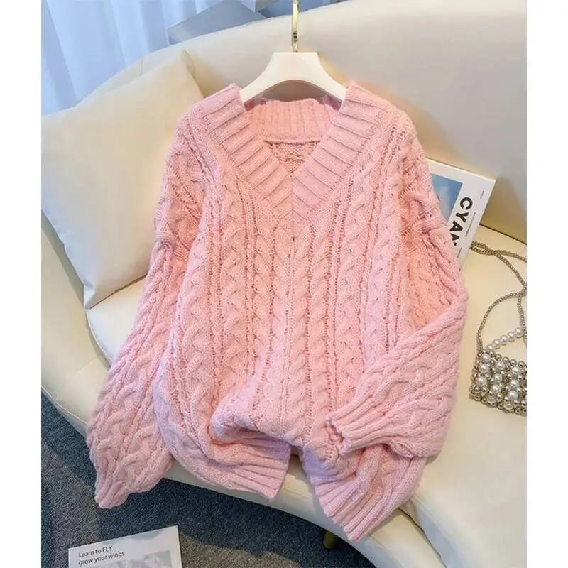 

Harajuku Sweater Women Fashion Loose Pink V Neck Knitted Pullovers Korean Long Sleeve Lazy Twist Winter Casual Jumpers Top