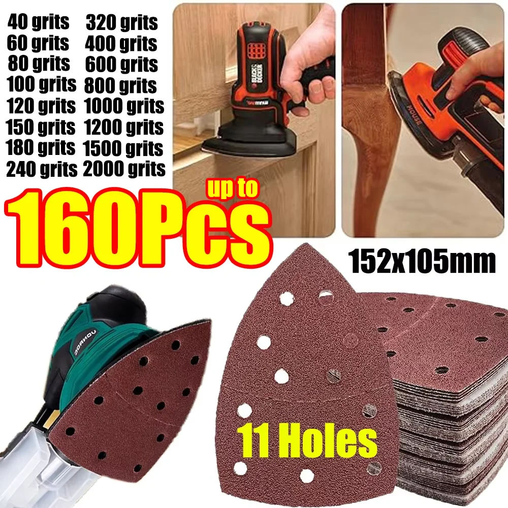 1-160Pcs 11Holes Mouse Sander Sandpaper Triangule Sandpaper 40-2000 Grits Paper Triangle Sanding Disc Abrasive Sander Sand Paper