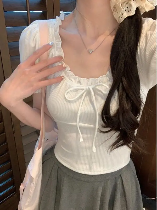 

Short Short-sleeved T-shirt for Women's New Style of Front Shoulder Slim Tight Waist-exposed Top