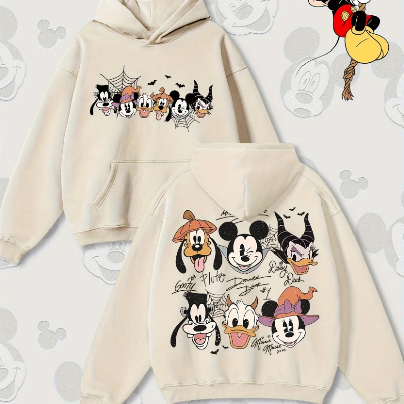 Disney Halloween Mickey Friends Fun Print Autumn and Winter Hooded Sweater Round Neck Long Sleeve Loose Warm Men and Women
