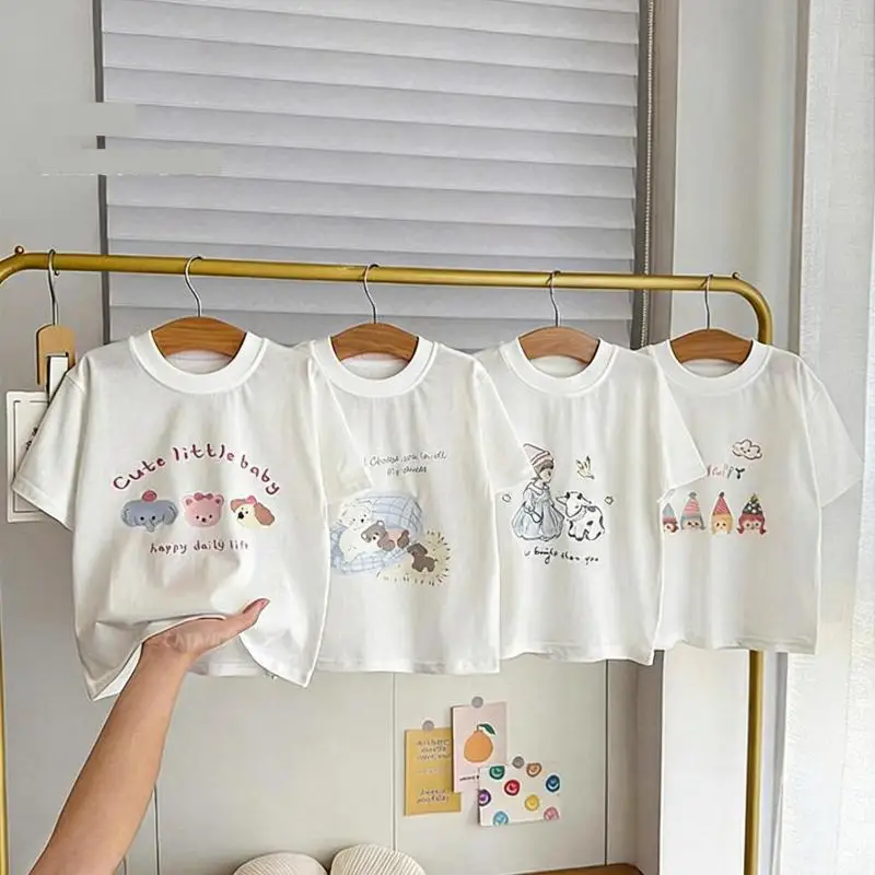 

2026 Summer New Children Short Sleeve T Shirts Cotton Boys Girls Cute Cartoon Print Tee Fashion O-neck Toddler Tops Kids Clothes