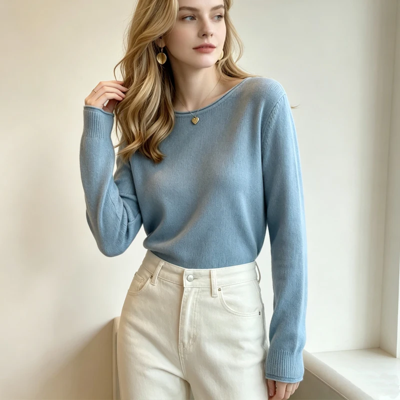 2026 Autumn Winter Solid Color Round Neck Long Sleeve Knit Pullover Sweater Soft Loose Fit Casual Simple Slim Fit Basic Top