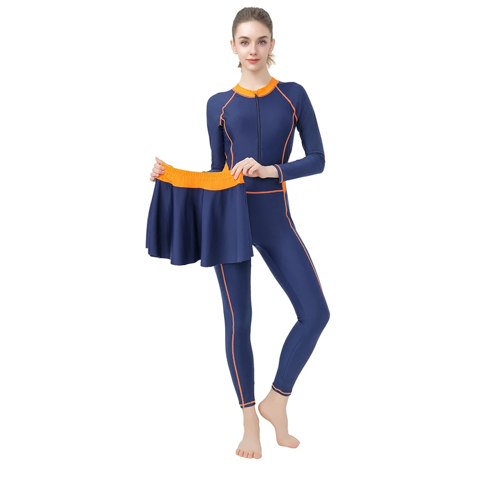 

Plus Size Swimwear Women One Piece Long Sleeve Swimsuit With Removable Swim Skirt Korea Style Modest Swimming Suit Beachwear