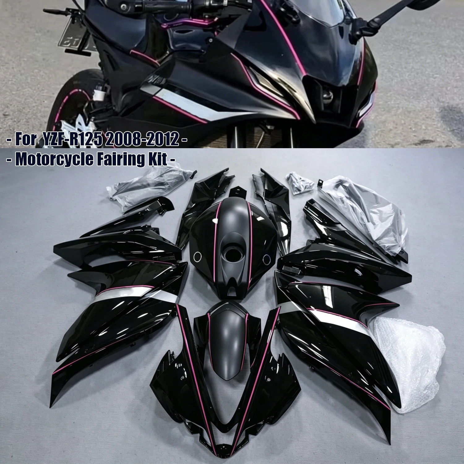 Kit Carene in Plastica ABS per Moto Yamaha YZF-R125 2008-2013, Pannelli Carrozzeria Stampati a Iniezione, Nero Rosa 2012
