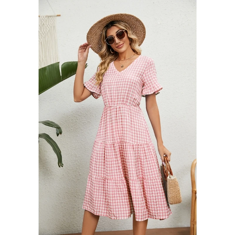 

Womens Summer Flared Short Sleeve V-Neck A-Line Midi Long Dress Vintage Plaid Print High Waist Ruffle Hem Flowy Dresses