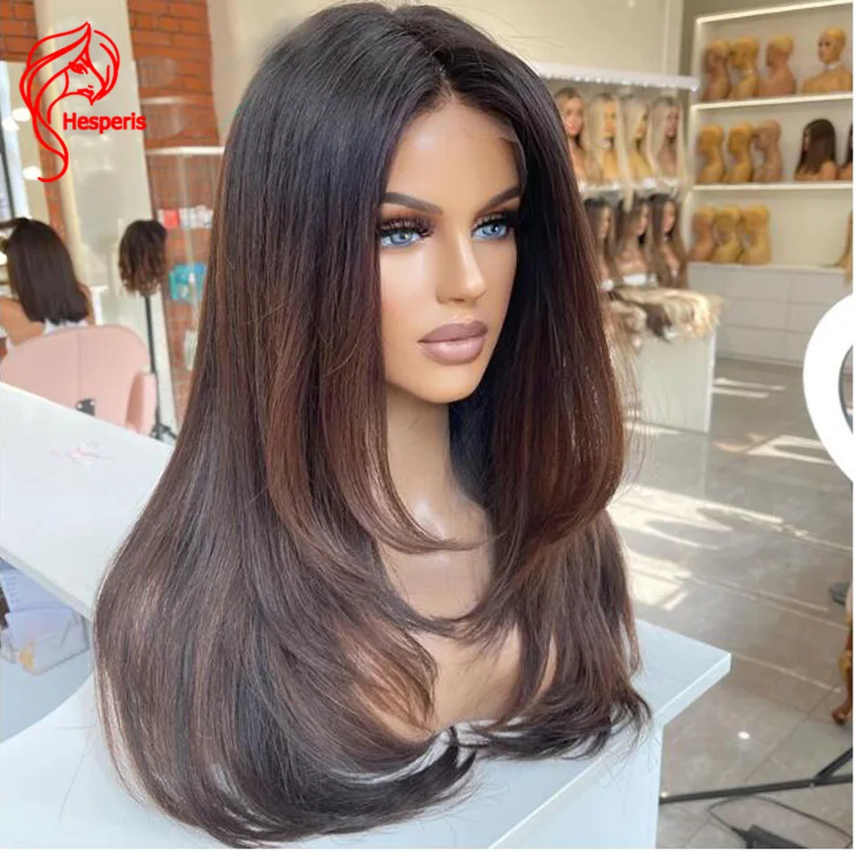 Hesperis Transparent Lace Front Human Hair Wig Silk Straight Layered Cut Ombre Hightlight Silk Base Lace Closure Wig Pre Plucked