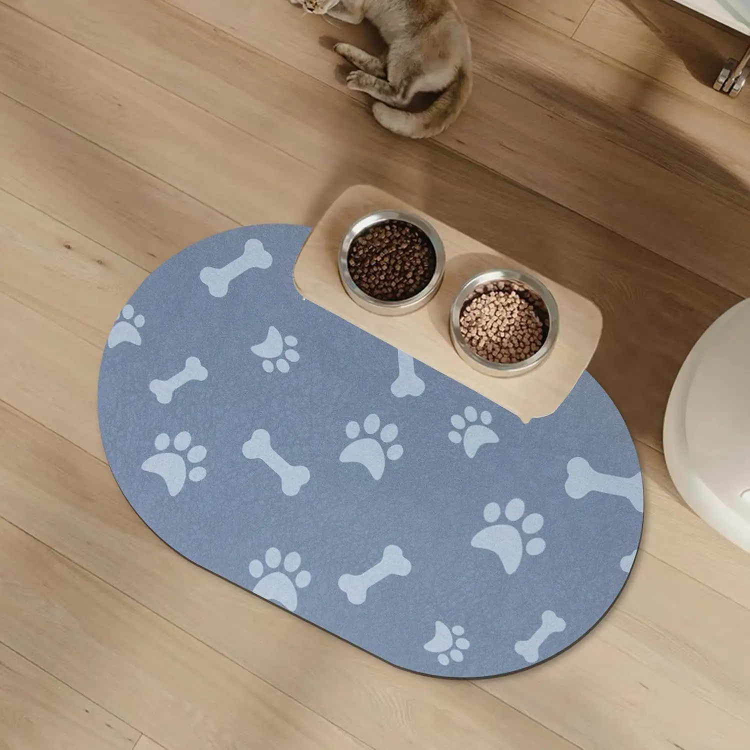 VIKAMA Pet Feeding Mat Blue Oval Mat with White Paw Prints Waterproof Non Slip Washable Food Bowl Placemat for Dog Cat Floor