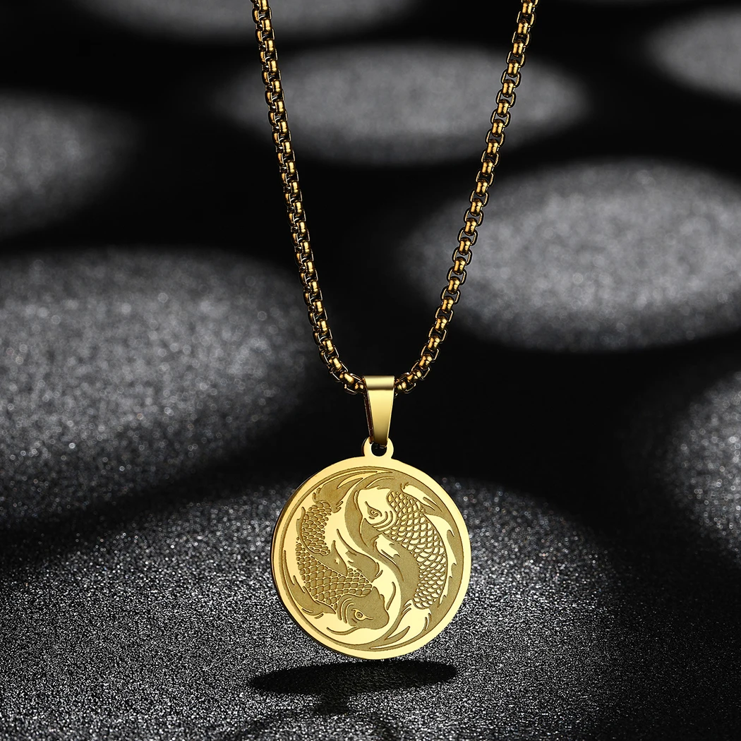 Kinitial Stainless Steel Yin Yang Pendant with Chain Necklace Goldfish Asian Traditional Fish Figure Chinese