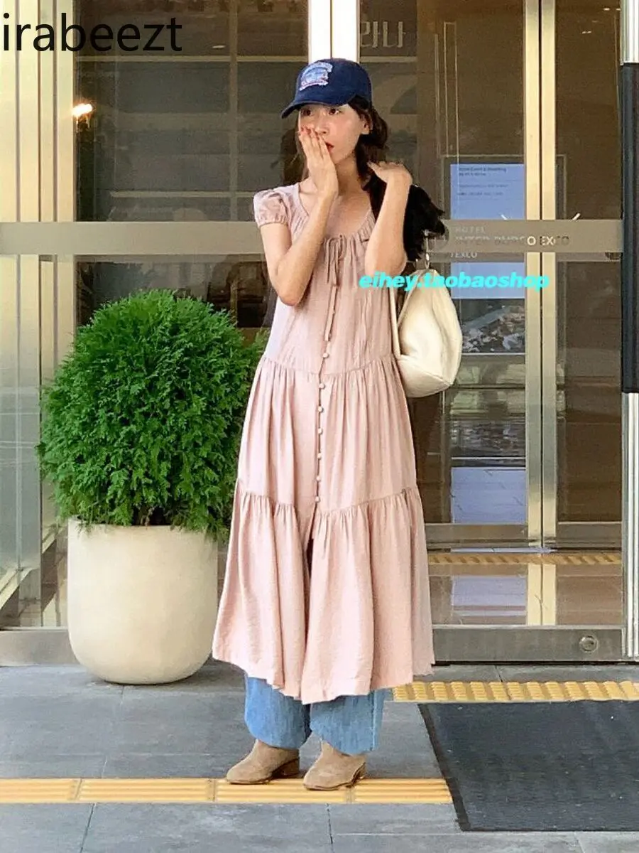 Palace Sense Retro Ethereal Fairy Low Saturation Ash Powder Lace-up Long Dress Woman LOOSE FIT Vestidos De Noche Juveniles