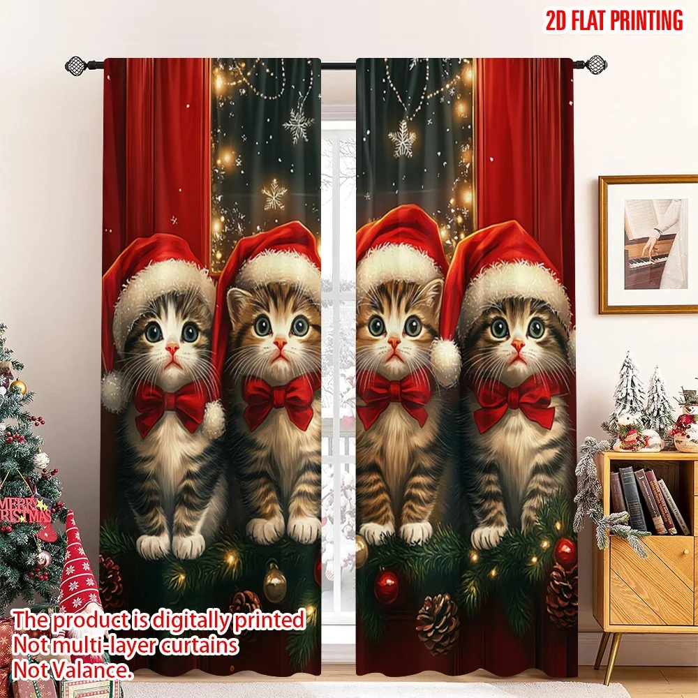 

2pcs 2D flat printing Merry Christmas Popular Party Window Curtains Four Kittens Christmas Door (2) Fabric Without Electricity