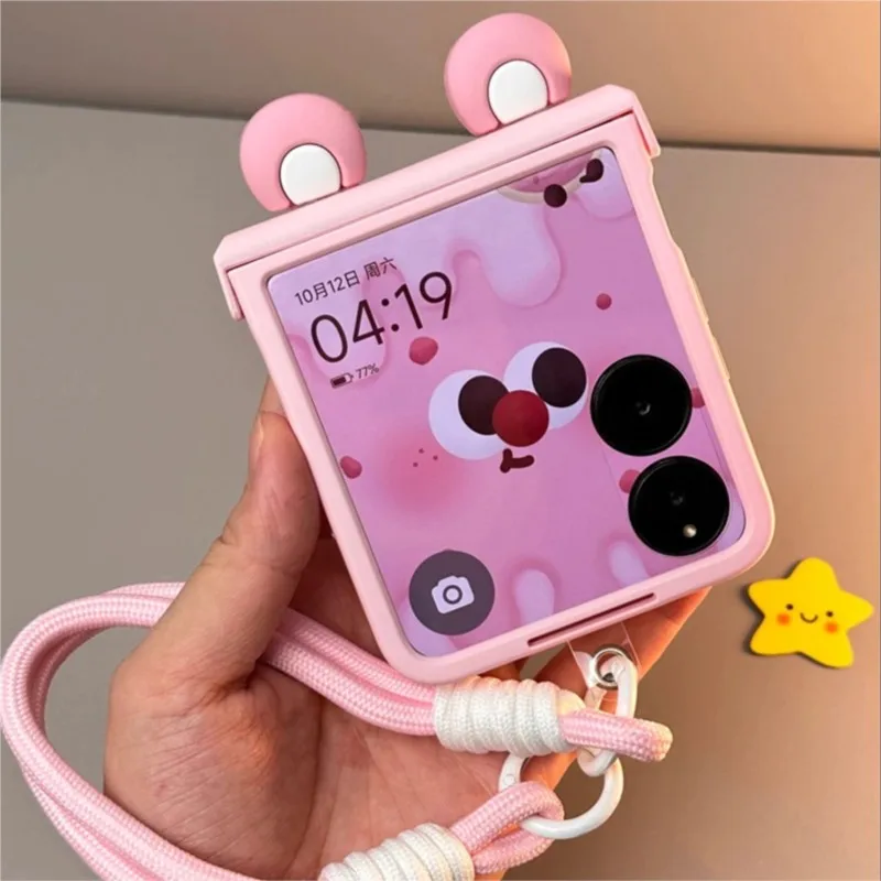 Japanese and Korean Cute Pink Bear Ear Stand Protective Cover for Samsung Z Flip 7/6/5/4/3 for Motorola Razr 60 40 50 Ultra..