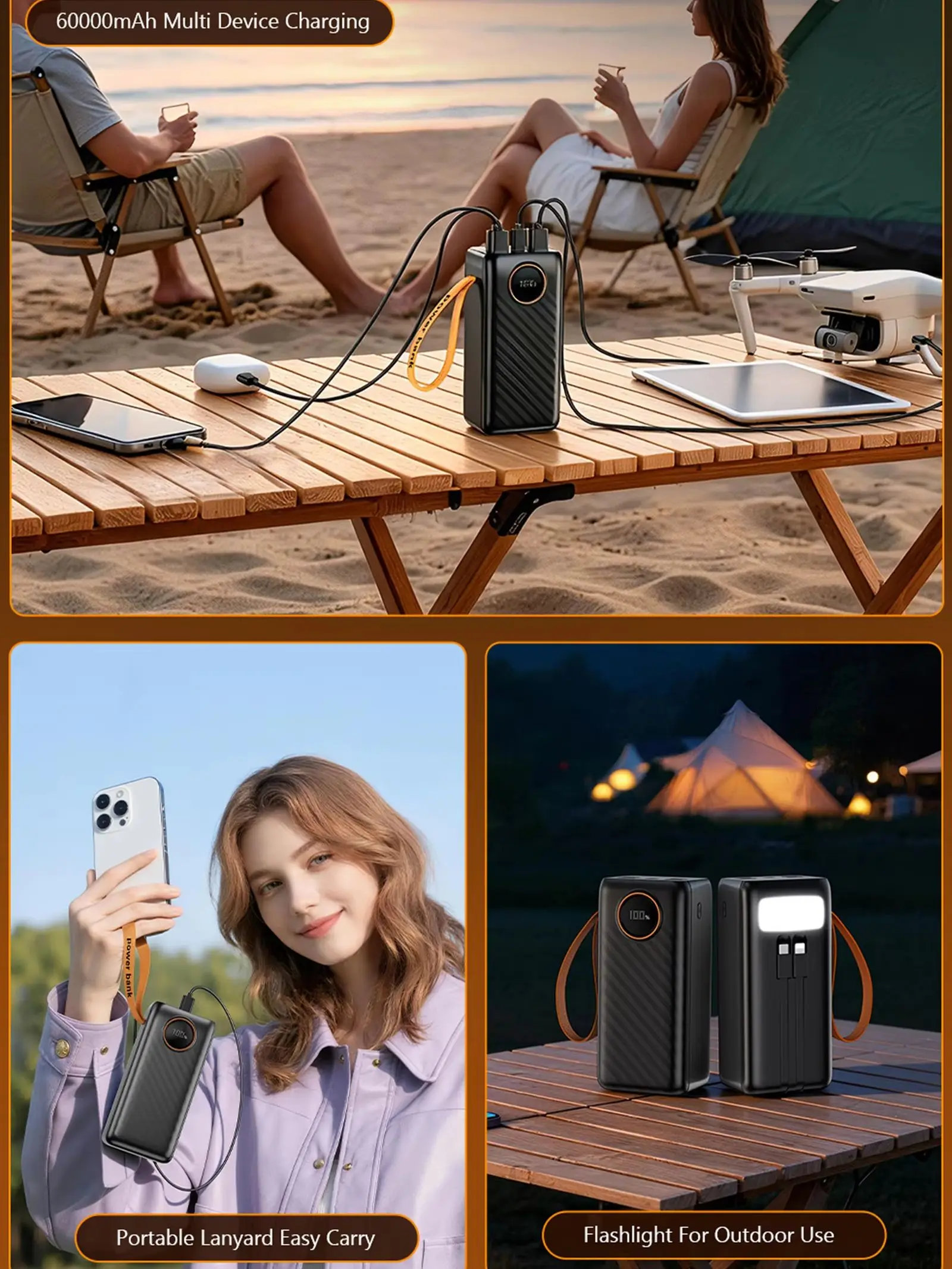 Hganus 60.000-mAh-Powerbank mit 22,5-W-Schnellladefunktion und integrierter Taschenlampe, externes Akku-Modul, Typ-C-Kabel für iPad, iPhone, Samsung und Xiaomi.