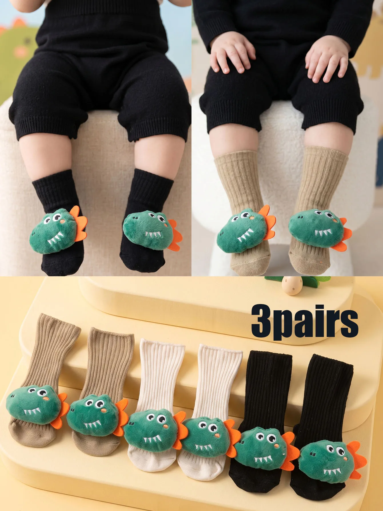 3Pairs Baby Mid Calf Crew Socks 3-24M, 3D Dinosaur Decor Soft Cotton Socks, All Season Daily Socks for Toddler Boys Girls