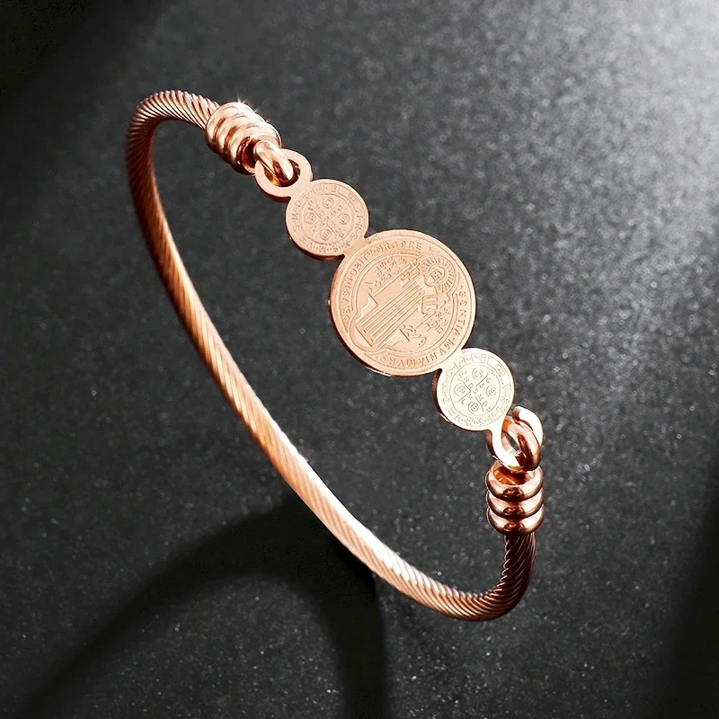 Stainless Steel Saint Benito Cross Bracelet for Men Women Christian Jewelry San Benito Cuff Bracelet Memorial Gift image 2