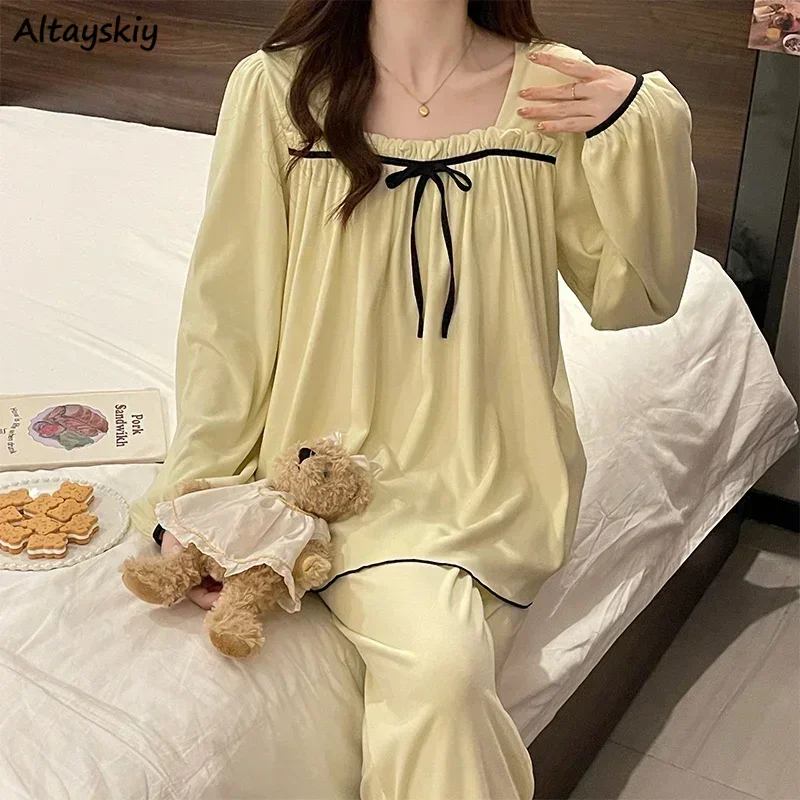 Panelled Pajama Sets Women Simple Fashion Sleepwear Tender Casual Loose Home Spring Autumn Comfortable Lounge Pijama Mujer Soft