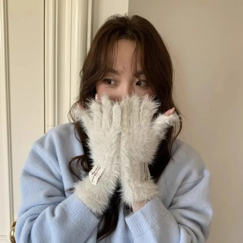 

2025 Plush Solid Color Knitted Gloves Winter Fleece Lined Fingerless Gloves with Touchscreen Tips Kawaii Non-Slip Thermal Gloves