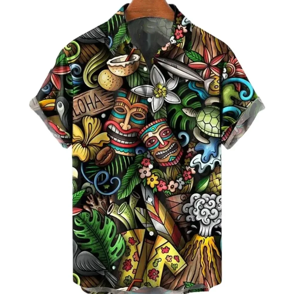 2024 Tiki Men\'s Shirts Streetwear Beach Male Top Short Sleeve Skull 3d Hawaiian Shirt Man Oversized Summer Casual Shirt For Men