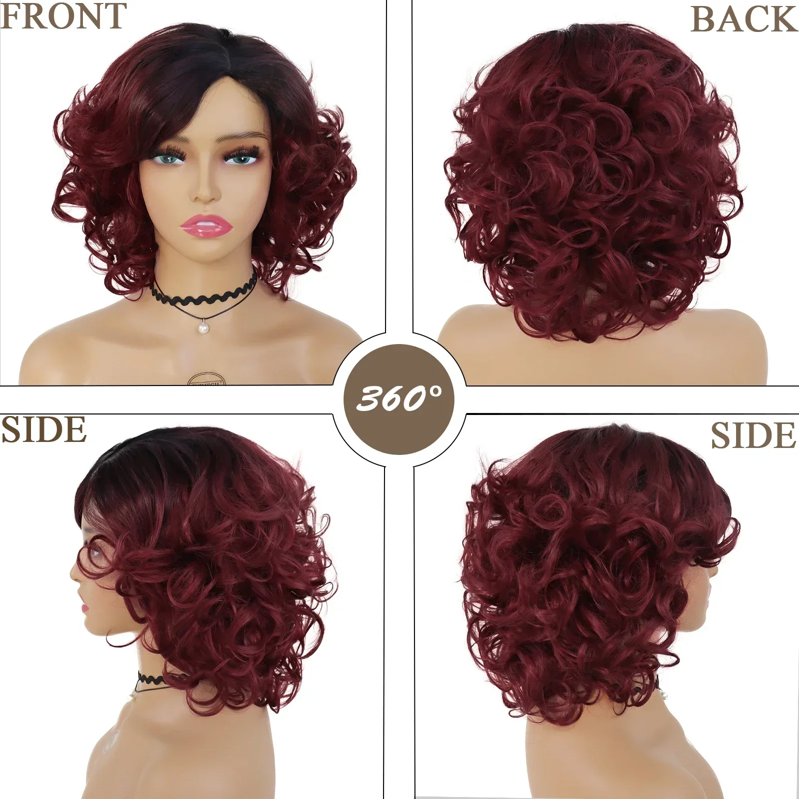 Rambut sintetis Wig Afro pendek Wig keriting besar untuk wanita Wig Ombre merah anggur ibu pendek rambut keriting lembut akar gelap rambut merah