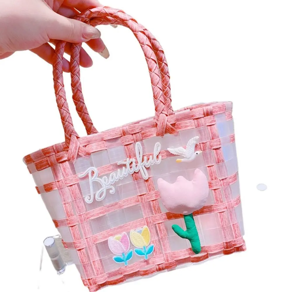 

Nylon Woven Handbag Hot Flower Large Capacity Shopping Basket Sweet Portable Shoulder Bag Travel