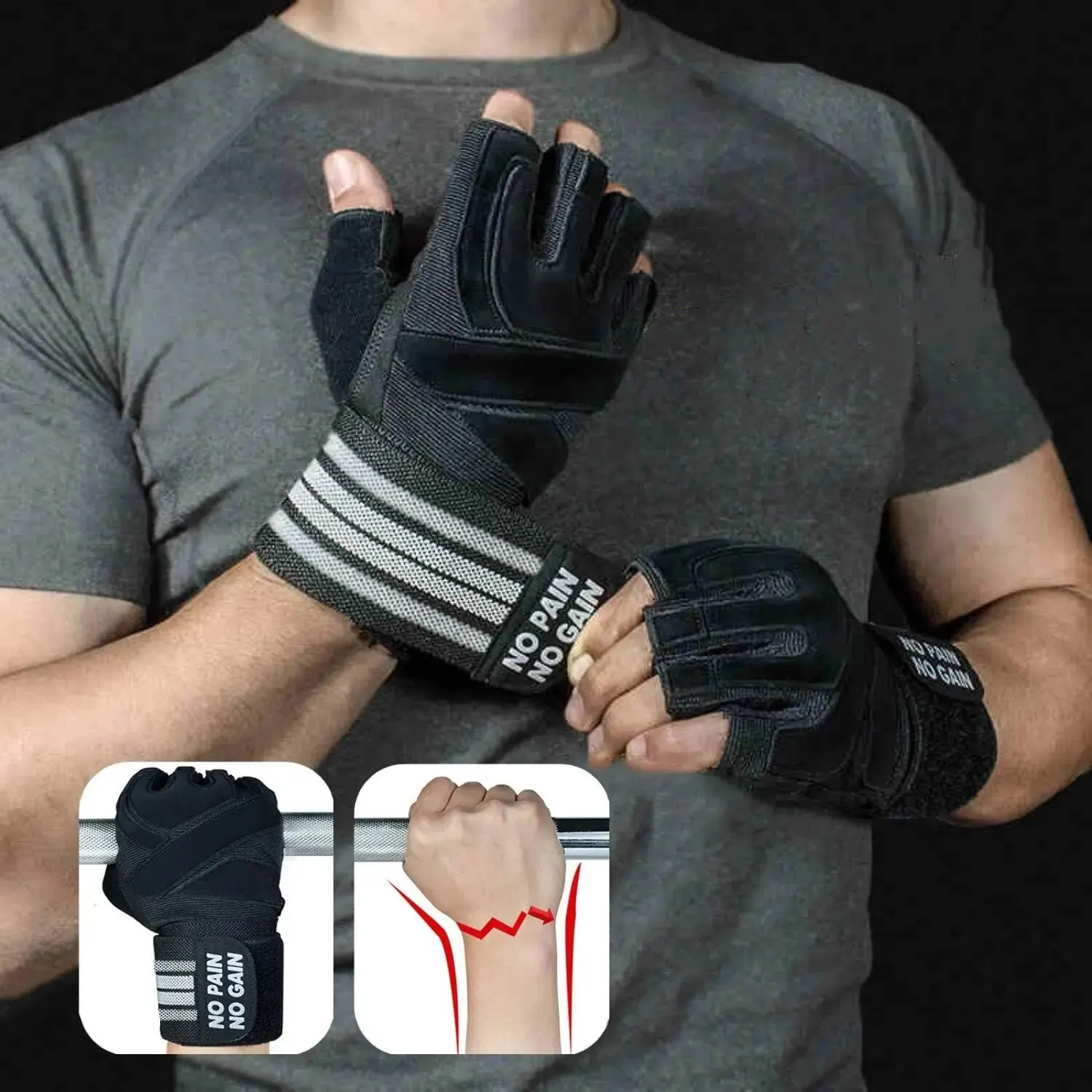 Weightlifting Gloves Half Finger with Wrist Strap Support, Padded Grip for Weight Lifting Gym Fitness Exercise Training Men Male