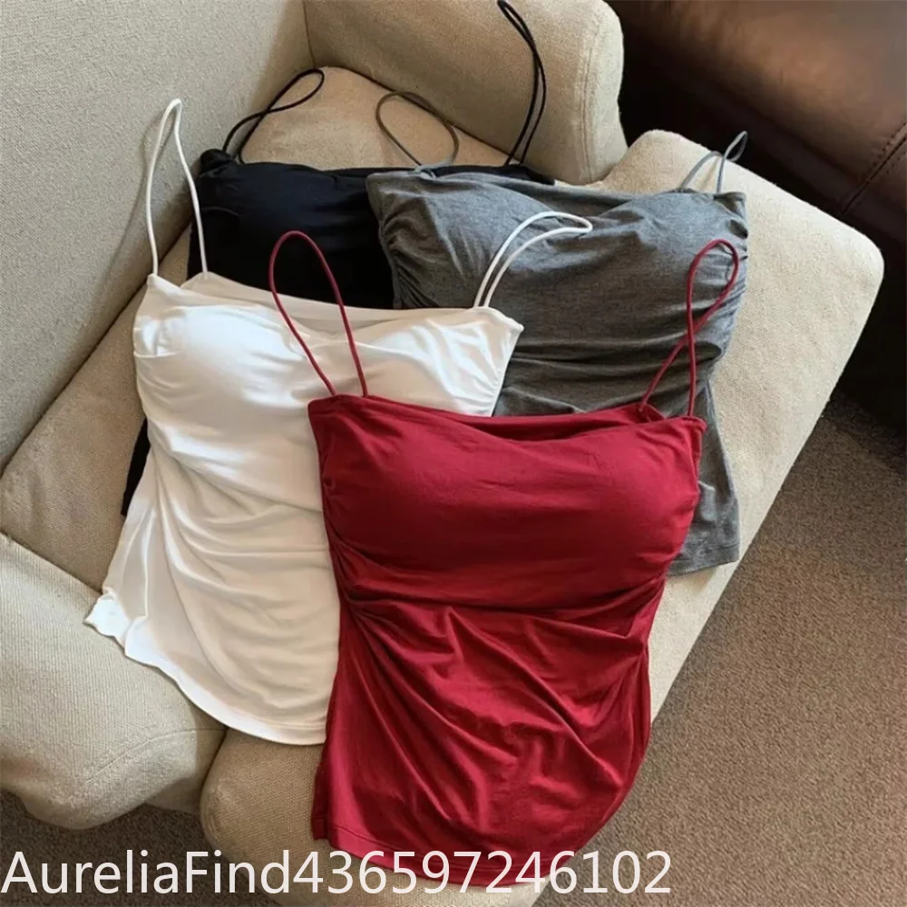 1Pc Solid Color Thin Strap Waist Pleated Corset Vest Built-in Chest Pad Soft Support Sexy Sleeveless Short Top